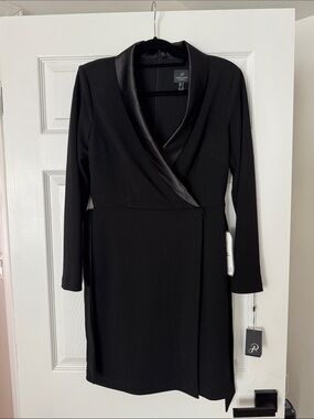 Adrianna Papell Black Satin-Trim Wrap Midi Dress
